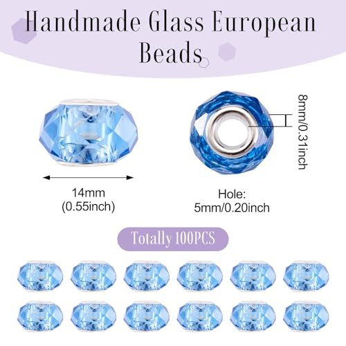 100pcs 14mm Large Hole Beads Glass Crystal Faceted Beads Blue European Crystal Spacer Bead for Necklace Earring Bracelet Crafts Jewelry Making - color: Blue