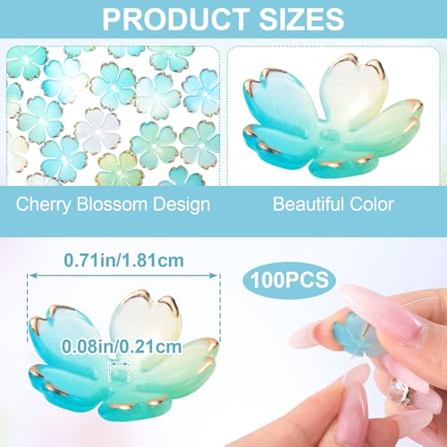 100pcs Cherry Blossom Beads, 5-Petal Gradient Acrylic Flower Beads, Mini Spacer Hair Accessories Halloween Christmas for Bracelets Earring Jewelry Making- Blue & Green - color: Blue & Green