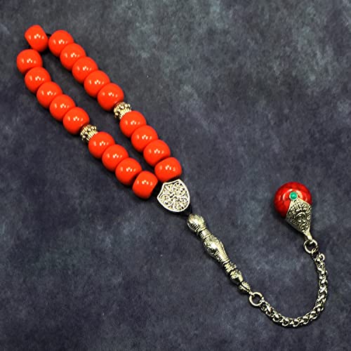 Simple Designed Natural Stone Worry Beads - Prayer Tesbih-Tasbih-Tasbeeh-Misbaha-Subha-Sebha-Sibha-Rosary (Candy Apple Red Resin Drum -13X9 mm- 19 Big Beads) - color: Candy Apple Red Resin Drum -13X9 mm- 19 Big Beads