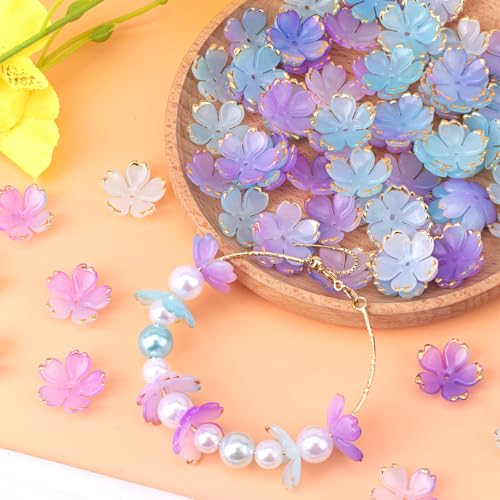 100pcs Cherry Blossom Beads, 5-Petal Gradient Acrylic Flower Beads, Mini Spacer Hair Accessories Halloween Christmas for Bracelets Earring Jewelry Making- Blue & Purple1 - color: Blue & Purple1