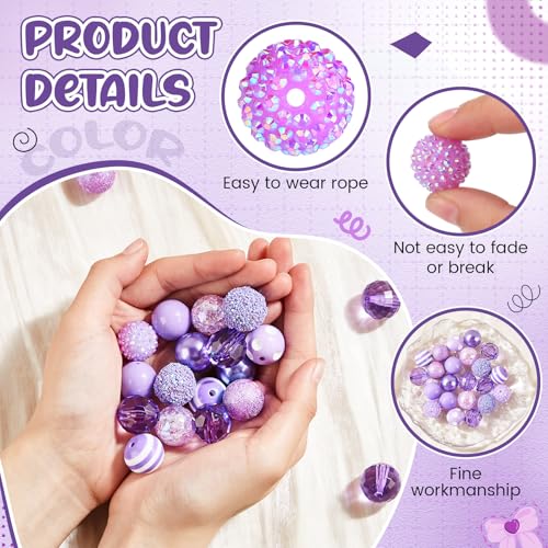 Ferreve 20 Pcs Chunky Bubblegum Beads 20mm Focal Pen Large Rhinestone Pearl Beads for DIY Beadable Pen School Jewelry Making Keychain Craft Making(Light Purple) - color: Light Purple