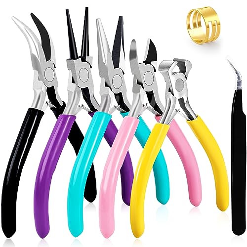 URSKYTOUS 5Pcs Jewelry Pliers Set Jewelry Making Pliers Tools Kit Include Jewelry Making Needle Nose Chain Nose Round Bent Pliers Wire Cutter for Bracelet Beading DIY Craft Jewelry Making Supplies - color: Em Pink Blue Purple Black Yellow