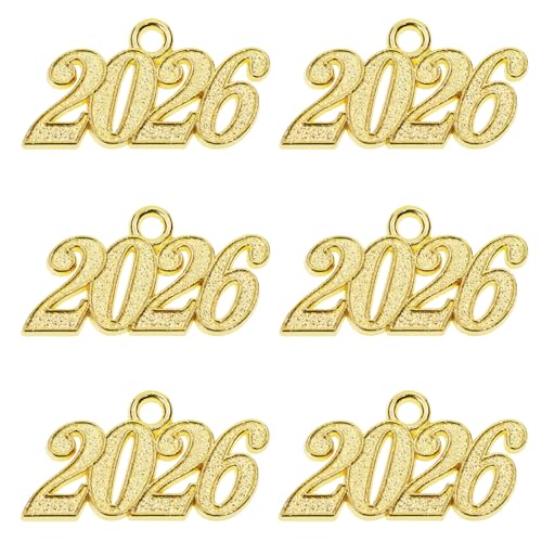 Shapenty Metal Year Signet 2026 DIY Pendant Charms for Graduation Tassels Bracelet Necklace Earrings Keychain Zipper Pulls Cellphone Craft Jewelry Making Christmas Party Decoration, 6PCS - color: Gold