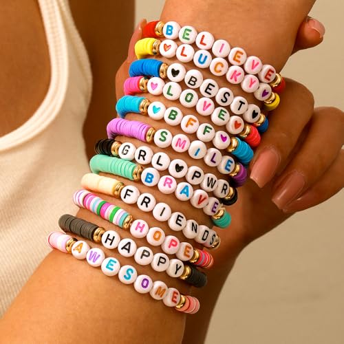 Friendship Bracelets Boho Stackable Bracelets for Women Surfer Heishi Clay Bead Bracelets Stretch Preppy Bracelets Colorful Boho Bracelets for Women - color: 12PCS Red Believe