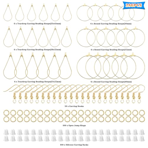 286Pcs Earrings Beading Hoop Set for Jewelry Making,36 Beading Hoops Earring Finding Teardrop Round Earring Hoops with 50 Hooks,100 Jump Rings,100 Earring Backs for Earrings Making Supplies(K Gold) - color: 286Pcs-K Gold