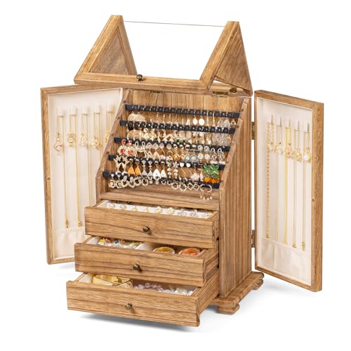 Jewelry Box Organizer, Rustic Wooden Jewelry Boxes for Women Girls, Large Storage Earring Holder Organizer Display for Earrings Necklaces Rings Bracelets (Rustic Brown) - color: Rustic Brown