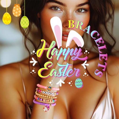 JEWEKY Easter Heishi Bracelets Gold Beaded Polymer Clay Bunny Pendant Bracelet Jewelry Accessories - color: A-Easter