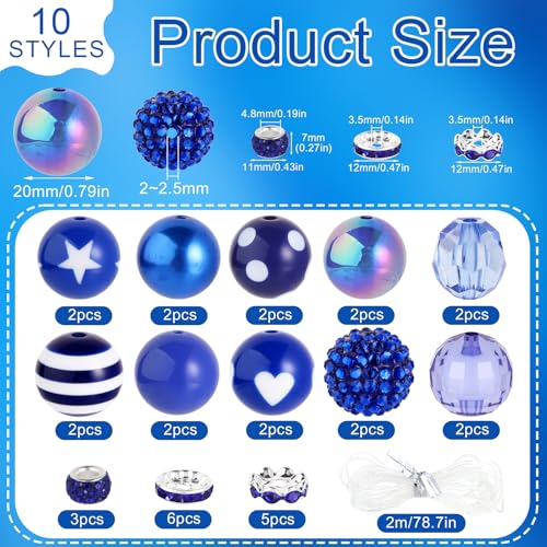 35 Pcs Chunky Bubblegum Beads 20mm Focal Pen Large Rhinestone Pearl Bead with Rhinestone Large Hole European Spacer Bead for DIY Beadable Pen Jewelry Making Keychain Craft Making(Deep Blue) - color: Deep Blue