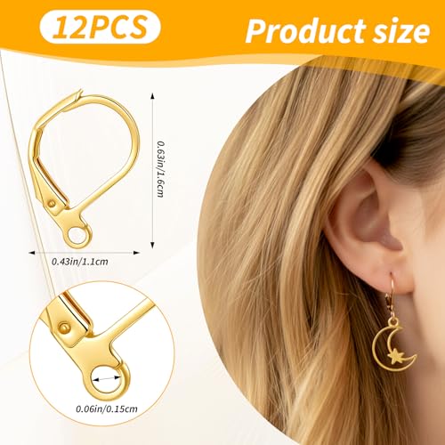 12Pack Gold Earring Hooks for Jewelry Making, Leverback Ear Wire Findings Women Ear Ring Charms, Lever Back Dangle Earring Clasps - Stainless Steel