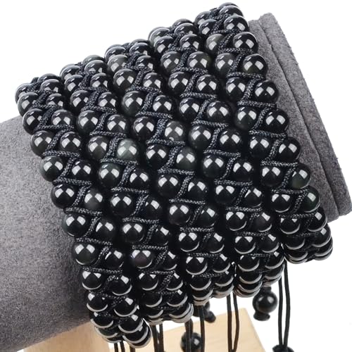 MASSIVE BEADS Double Layer Natural Chakra Healing Power Crystals Macrame Bracelet Yoga Stone Beads Gemstone Meditation Relax Anxiety Bangle for Unisex Women Men - color: Black Obsidian, size: 6mm