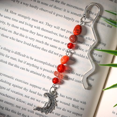 Vintage Metal Moon Bookmark Pendant with Natural Crystal Bead Chain–Elegant Bookmarks for Women,Men,Book Lovers,Teachers and Students(Red Crystal) - style: Sleep face