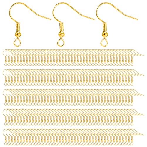 400 Pcs Stainless Steel Earring Hooks Fish Hook Earrings for Jewelry Making Gold French Wire Hooks Coil and Ball Style Earwires Ear Wires for Women DIY Dangle Earrings Crafts Supplies - color: Gold