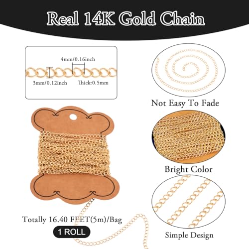 EEE ELECRELIVE 16.4 Feet 14K Gold Filled Curb Chain Soldered Brass Thin Cable Chain Permanent Jewelry for Women Minimalist Necklace Bracelet Making - color: Gold