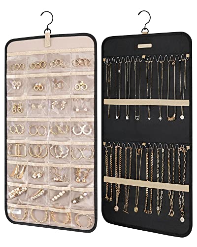 BAGSMART Hanging Jewelry Organizer Storage Roll with Hanger Metal Hooks Double-Sided Jewelry Holder for Earrings, Necklaces, Rings on Closet, Wall, Door, 1 piece, Medium, Black - color: Black, size: Medium