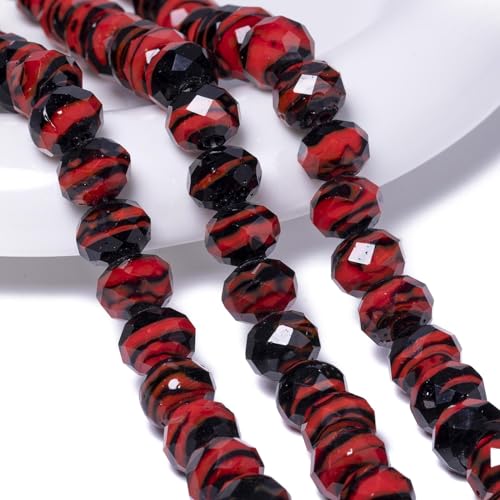 7.5×10mm 50pcs Red Black Faceted Lampwork Glass Beads for Jewelry Making, Flat Round Handmade Murano Beads for Bracelets, Crafts, Friendship Bracelet Kit, Rosary Making - color: Red Black