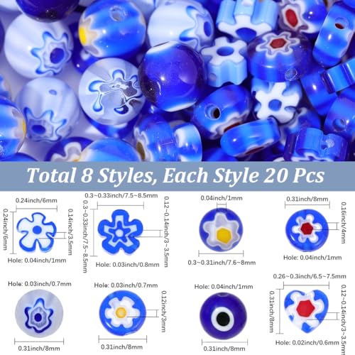 1 Box 160pcs 8 Styles Blue Millefiori Lampwork Beads Handmade Flower Heart Evil Eye Flat Round Glass Loose Spacer Bead Charm Bulk for Jewelry Making Bracelets Necklaces DIY Craft Supply