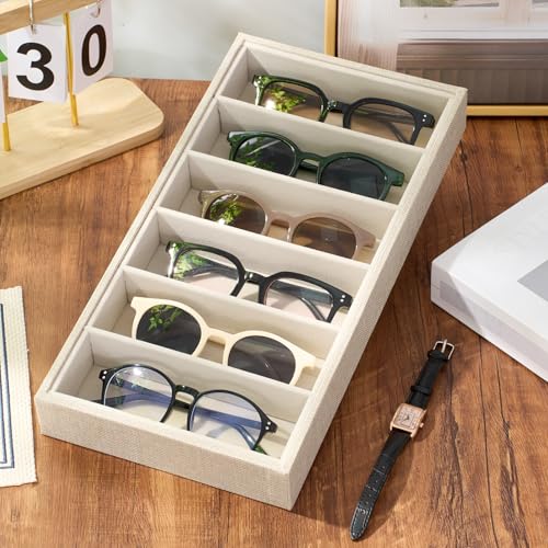 Juexica 4 Pcs Velvet Sunglasses Organizer Tray 6 Grid Sunglass Organizer Velvet Tray Stackable Glasses Display Case for Women Glasses Jewelry Display Watch (Linen) - color: Linen