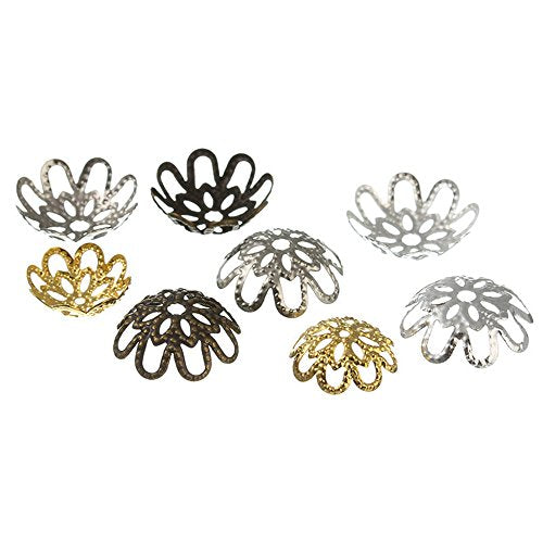500PCS 10mm Gold Tone Flower Bead Caps Hollow Flower Bead Caps for Jewelry Making (Silver) - color: silver
