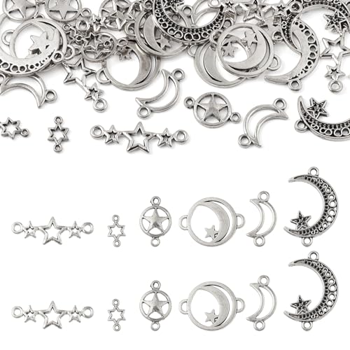 Beadthoven Bracelet Jewelry Connectors Charms Links for Jewelry Making, Antique Silver Metal Filigree Charms Golden Cubic Zirconia Charms Pendants Connectors for Earrings Bracelet DIY Findings - color: AS-Moon Star#36