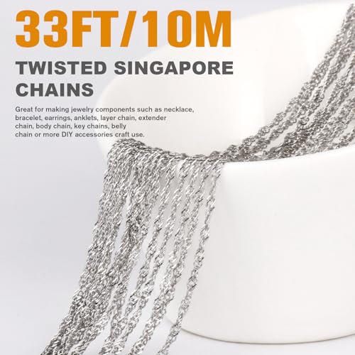 33 Feet Stainless Steel Singapore Chains Roll, 1.7mm Width 304 Stainless Steel Twisted Link Chain Bulk Spool for Jewelry Making DIY Craft - color: 1.7MM Stainless Steel