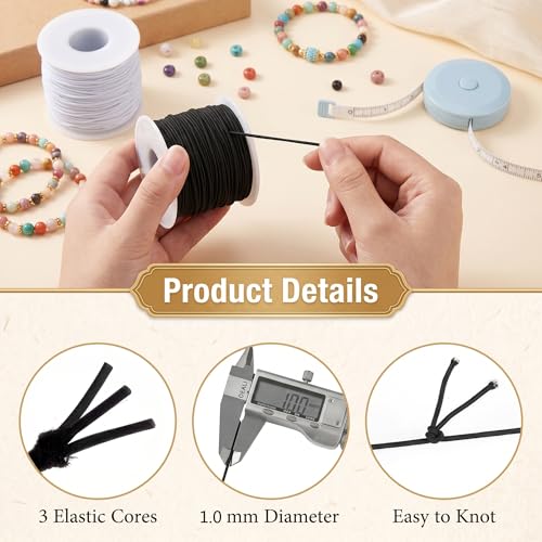 2 Rolls Stretchy Elastic Cord & Retractable Measuring Tape Set, 1.0mm x 110 Yards Beading String for Jewelry Making, Bracelets, Necklaces (Black + White) - size: White Black (1.0mm)