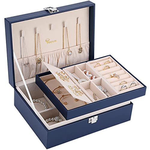 Voova Jewelry Box Organizer for Women Girls, 2 Layer Large Men Jewelry Storage Case,PU Leather Display Jewellery Holder with Removable Tray for Necklace Earrings Rings Bracelets，Vintage Gift，Navy Blue - color: Navy Blue