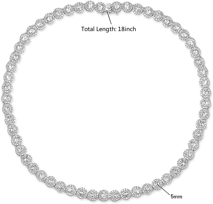 Gemsme 18K White Gold Plated Halo Necklace 5.0mm Round Cubic Zirconia Classic Tennis Necklace - color: White Gold, size: 18 inch