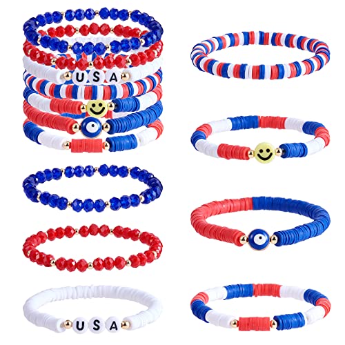 Ornaland 7Pcs Handmade Polymer Clay Heishi Surfer Stretch Bracelets Set Colorful Glass Beads Bracelets Boho Stackable Preppy Bracelets Wrist Jewelry for Women - color: blue 2
