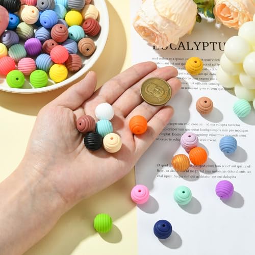 LiQunSweet 100 pcs 14-15mm Chunky Round Bubblegum Silicone Beads Imitated Woven Honeycomb Beads for DIY Jewelry Bracelet Necklaces Earring Making Keychain Crafts - color: Round Silicone Honeycomb Beads_100 Pcs