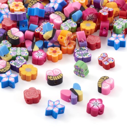 200Pcs Butterfly Flower Polymer Clay Beads Colorful Floral Butterfly Clay Beads for DIY Bracelet Necklace Earring Jewelry Making