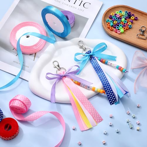 Zeyune 233 Pcs 20 Set DIY Bead Keychain Making Kits Bag Charm Beads Making Craft Ribbon Bow Key Chain Letter Alphabet Keychain Jewelry Accessories for Mothers Day Gifts Jewelry Make Party Favor