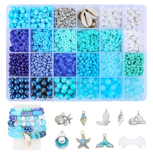 Blue Clay Beads for Bracelet Making Kit, 24 Colors 3500pcs Friendship Bracelet Making Kit, Small Glass Beads for Jewelry Making, Blue Ocean Series Colorful Crystal Beads and Crafts DIY Gifts - color: 24 Color-D