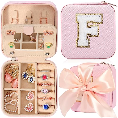 CHMI Travel Jewelry Case, Pink Travel Jewelry Box, Travel Jewelry Organizer, Travel Gifts for Women Girls, Jewelry Organizer Box, Birthday Gifts for Women, Christmas Gifts for Teens Girls - Initial F - color: Pink, size: F