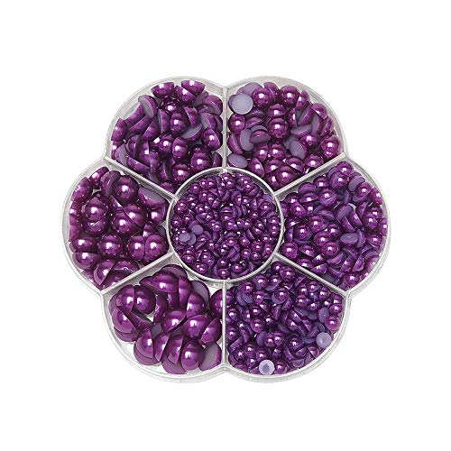 Chenkou Craft Around 1900pcs Violet Assorted 7 Sizes Immitation Half Pearl Bead Flat Back Gem Scrapbook Craft DIY Loose Beads + Plastic Box (Violet) - color: Violet