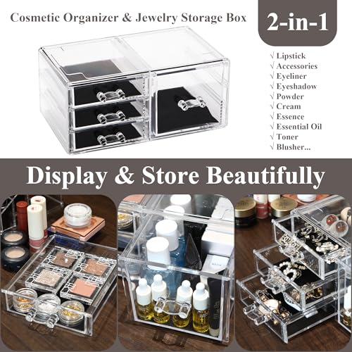 Sea Team Clear Makeup Organizer with Drawers, Acrylic Plastic Cosmetic Display Case, Jewelry Storage Box, Holder for Dresser, Bathroom, Vanity, Countertop (1 Large, 3 Small Drawers) - size: 1 Large, 3 Small Drawers