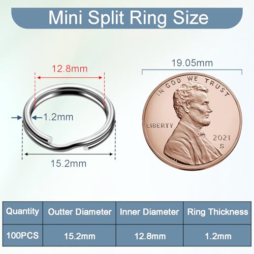 100 PCS 5/8" Small Split Ring for Keychains, Double Loops Round Split Jump Rings Jewelry Making Metal Small Key Rings for Pet Collar Tag Luggage Tags DIY Craft Accessories - color: 15.2mm Outter Dia.; 12.8mm Inside Dia. Silver