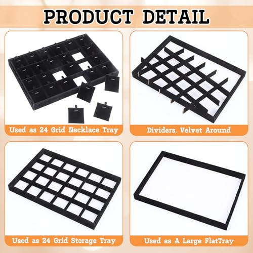2 Pcs 24 Grid Stackable Jewelry Organizer Tray with Removable Dividers Ice Velvet Jewelry Display Showcase Tray for Necklace Earring Ring Bracelet Holder (Black Velvet) - color: Black Velvet