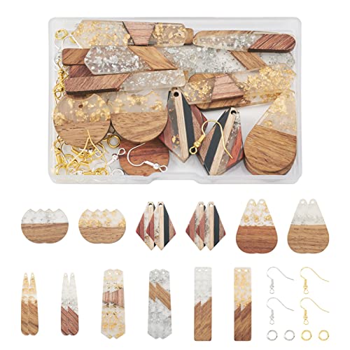 Beadthoven 88pcs Glittery Resin Wood Pendants Earrings Making Kit Gold Foil Wooden Earring Blanks Teardrop Rectangle Geometry Wood Earring Charms for Jewelry Making with Earring Hooks Jump Rings - color: 0Gold Silver Foil