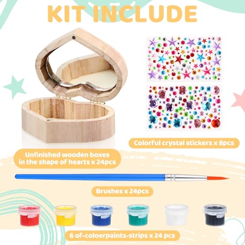 Kigley 12 Set/100 Pcs Unfinished Wooden Boxes for Crafts, 12 Heart Treasure Box with Mirror, 72 Paints, 12 Brushes, 4 Rhinestones Stickers for DIY Jewelry Keepsake Storage, Paint Party Favor