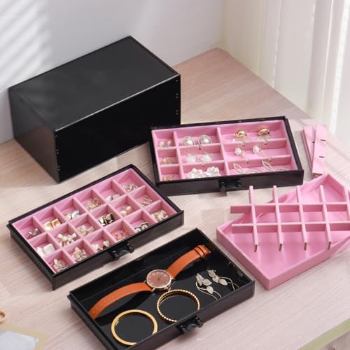YUFONG Earring Organizer Box Acrylic Jewelry Organizer with 3 Drawers 54 Adjustable Grids Clear Stackable Earring Holder Velvet Trays Ring Display Case for Women Girls (Black Pink) - color: Black Pink