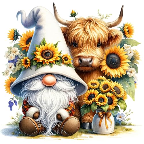 Axquilon Highland Cow and Gnome Diamond Art Kits for Adults - Diamond Painting Kits for Adults Beginner, DIY 5D Full Drill Sunflowers Gem Art for Home Wall Decor 14x14 inch - color: Cow and Gnome