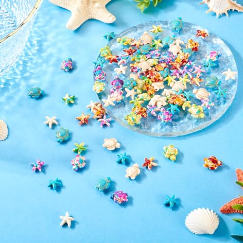 Boutigem 100Pcs Starfish Turtle Beads Turquoise Loose Spacer Beads Summer Ocean Loose Beads 10 Style 13.5-18mm for DIY Earring Bracelet Necklace Keychain Jewelry Making - color: Mixed Color