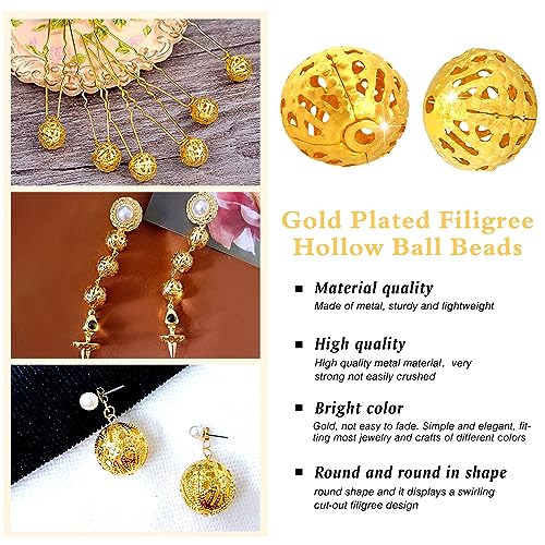 TOAOB 100pcs 10mm Gold Plated Filigree Hollow Ball Beads Round Metal Loose Spacer Beads for DIY Crafts Bracelets Necklaces Earrings Jewelry Making - color: Gold, size: 10mm