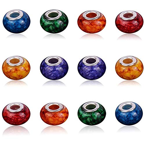 AIPRIDY 100Pcs 15x11mm Painting Murano Large Hole Glass Beads Mix Color with Silver Brass Cores European Charm fit Bracelet Necklace (Explosive Monochrome Effect Glass) - color: Explosive Monochrome Effect Glass
