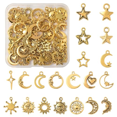 13-200Pcs Assorted Shapes Pendants Charms 14 Styles Antique Silver Bronze Tibetan Alloy Charms Vintage Pendants for Jewelry Bracelets Neckalces Earrings Keychains Making and Crafting - color: Golden Mixed Shapes8A- 60 pcs
