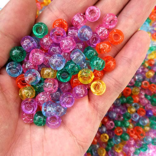 Amaney 500 Pieces Glitter Pony Beads 6x9mm Mixed Colors Transparent Plastic for Hair Braids Jewelry Making - color: Glitter