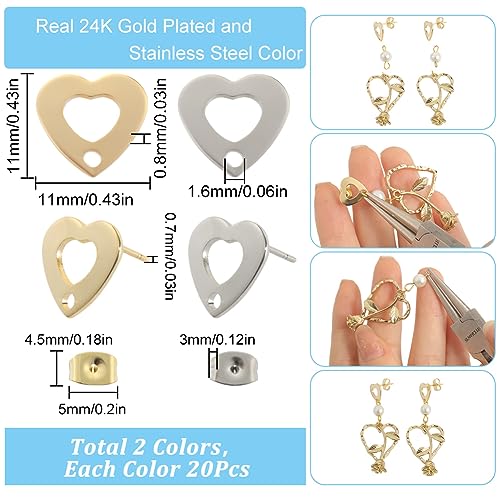 SUNNYCLUE 40Pcs Real 24K Gold Plated Heart Earring Findings with Hole Studs for DIY Dangle Earrings Craft - color: 20Pairs Real 24K Gold Plated & Stainless Steel Heart Earrings Post