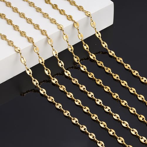 KYUNHOO 13FT/4M Gold Plated Chain for Jewelry Making Coffee Bean Link Craft Supplies Stainless Steel Chains Spool for Women DIY Handcrafts - color: Coffee Bean Gold