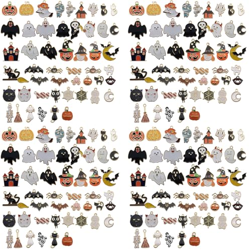 50pcs Alloy Enamel Halloween Series Pumpkin Lantern Ghost Black Cat Bat Moon Pendant Jewelry Making DIY Keychain Earrings Pendant Various Design Charms for Jewelry Making Bracelets Necklace (HK728) - color: HK728