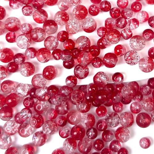 300pcs Crackle Glass Beads, 6mm and 8mm Red Crystal Glass Beads Round Loose Spacer Bulk Beads for DIY Craft Earring Necklace Bracelet Jewelry - color: Red